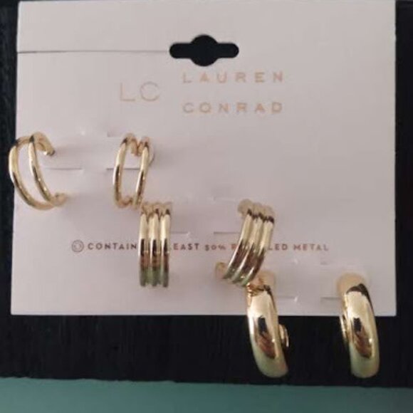 LC LAUREN CONRAD 3pc SET Gold Chunky/Ribbed/Double Hoop Earrings**NEW! - Picture 2 of 3
